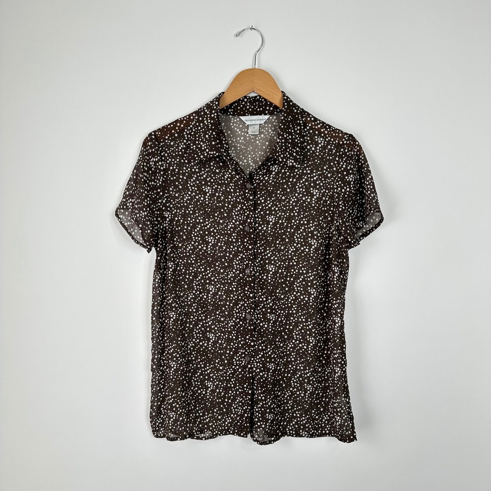Christopher & Banks Brown Polka Dot Sheer Button Up Blouse Top Medium